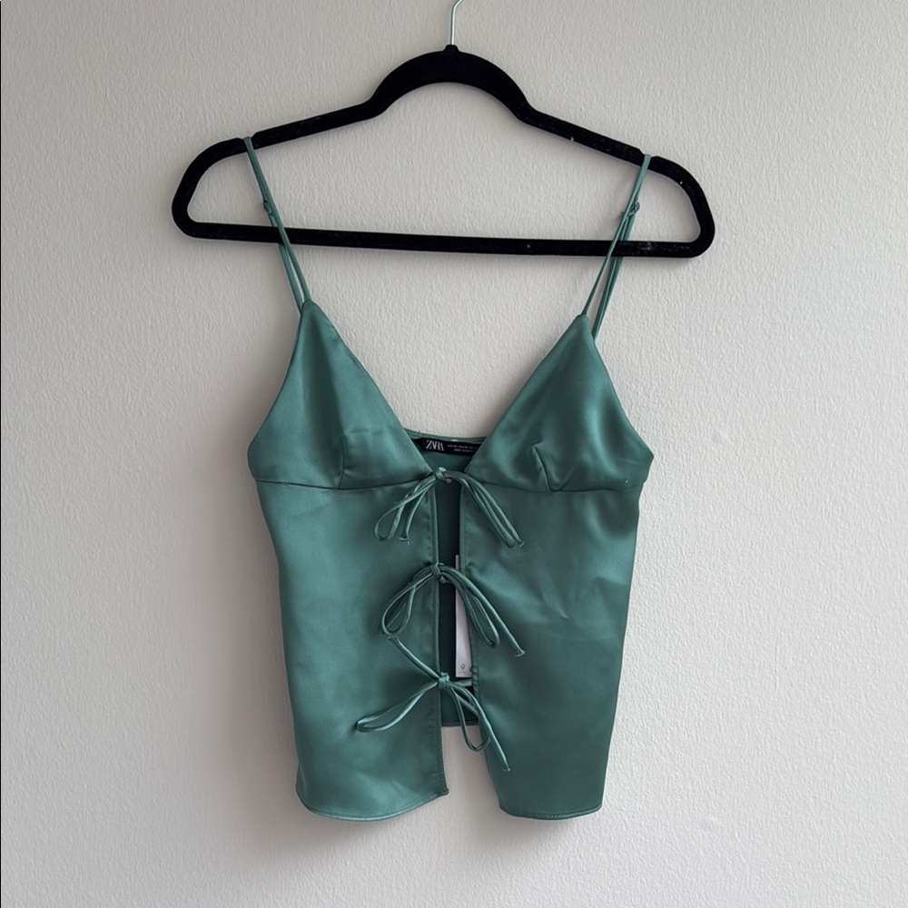 Zara Green Satin Tie-Front Top